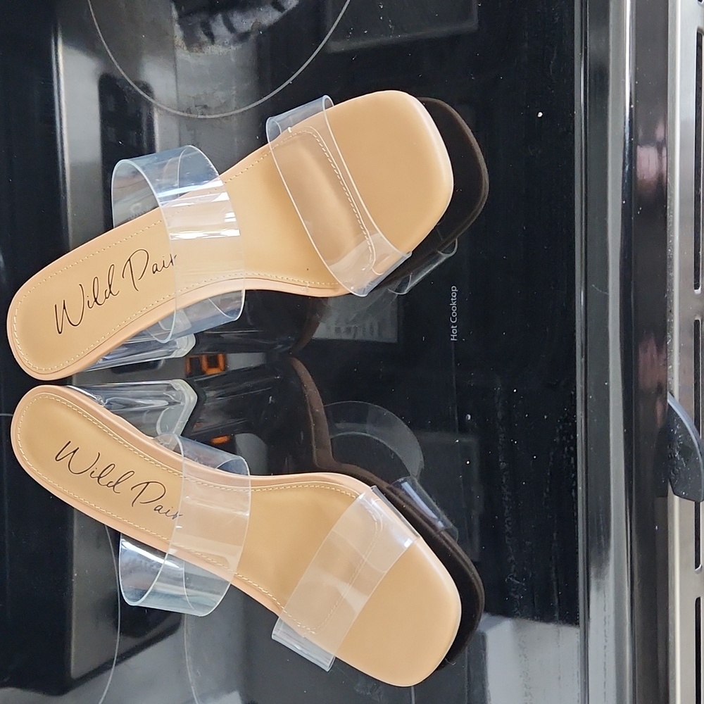 Clear block heel sandals with beige base size 6